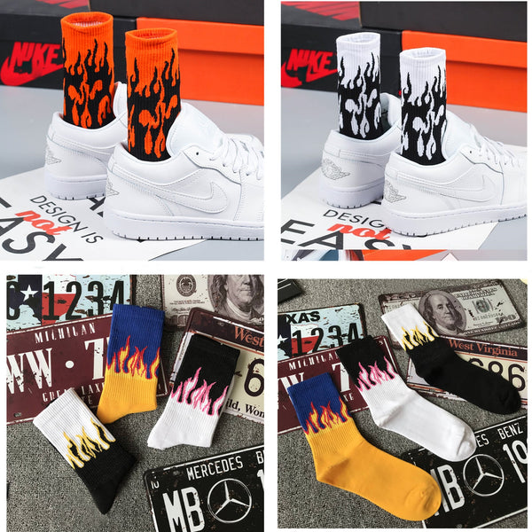 2019 fashion hip hop unisex flame pattern socks street fashion skateboard cool cotton socks Harajuku style retro men socks