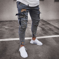 2019 Mens Denim Cargo Pants Jeans with Side Cargo Pocket  Tight Jeans Men Slim Fit Long Trousers