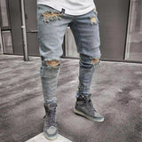 New  Jeans Men Spring MenClothes Denim Pants Distressed  Slim Fit Casual Trousers Stretch Ripped Jeans