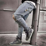 New  Jeans Men Spring MenClothes Denim Pants Distressed  Slim Fit Casual Trousers Stretch Ripped Jeans