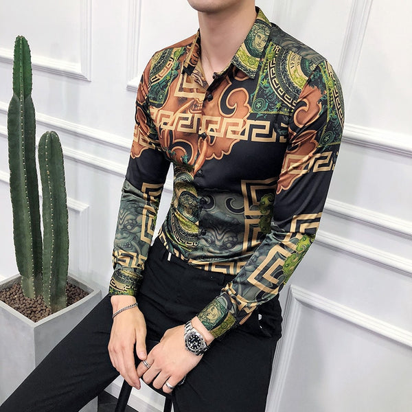 Fashion tuxedo shirt 2019 mens dress shirts gold slim long sleeve shirt for male white Baroque social shirt Casual floral shirt