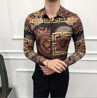 Fashion tuxedo shirt 2019 mens dress shirts gold slim long sleeve shirt for male white Baroque social shirt Casual floral shirt