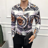 Fashion tuxedo shirt 2019 mens dress shirts gold slim long sleeve shirt for male white Baroque social shirt Casual floral shirt