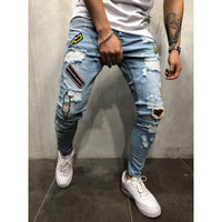 New Men's Fashion Hole Repair Slim Trend Jeans Scratches High Quality Jeans Stretch Hollow Tight Riding Patch Print Jeans