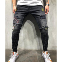 New Men's Fashion Hole Repair Slim Trend Jeans Scratches High Quality Jeans Stretch Hollow Tight Riding Patch Print Jeans