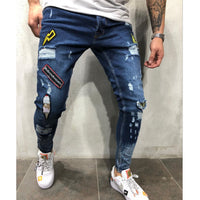 New Men's Fashion Hole Repair Slim Trend Jeans Scratches High Quality Jeans Stretch Hollow Tight Riding Patch Print Jeans