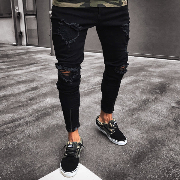 Mens Cool Designer Brand Black Jeans Skinny Ripped Destroyed Stretch Slim Fit Hop Hop Pants With Holes For Men